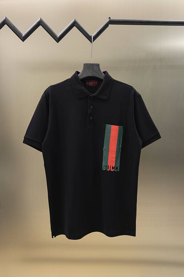 Gucci 25Ss new classic three-color stripe logo print patch pocket Polo 230g cott