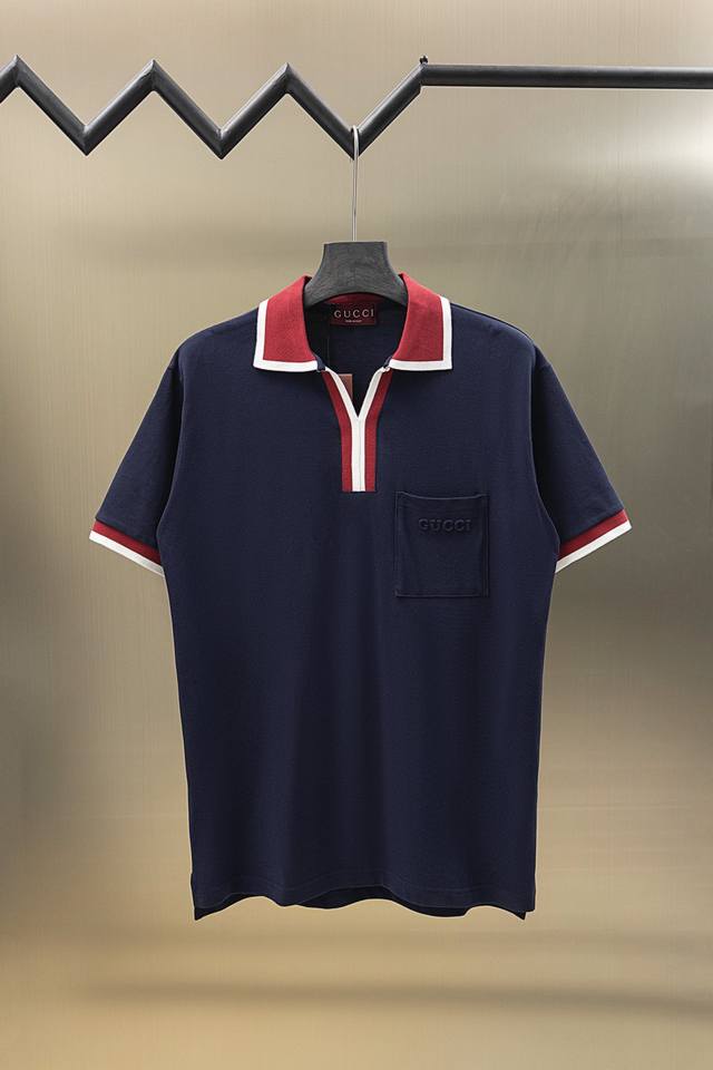 Gucci 25Ss new color matching ribbed V-neck Polo 230g cotton pique Color: white