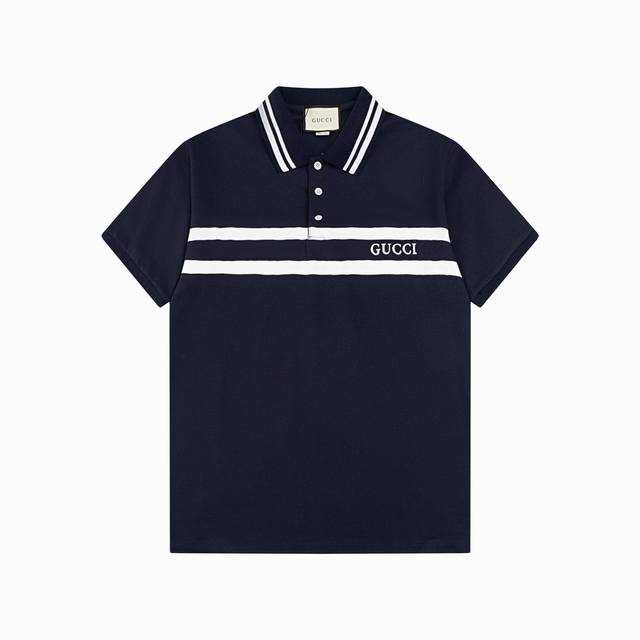 Gucci 25Ss new horizontal logo striped collar Polo 230g cotton pique Color: Roya