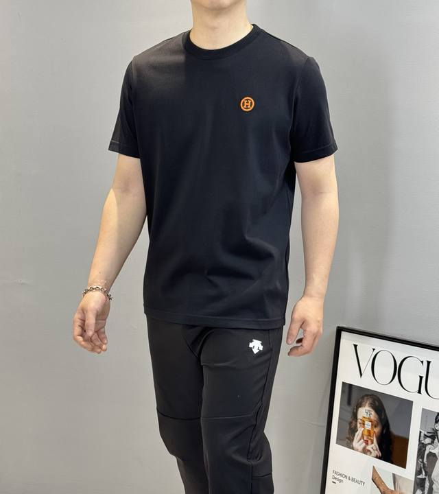 Herme*S Hermes 2025Ss short-sleeved T-shirt, with a custom classic brand H orang