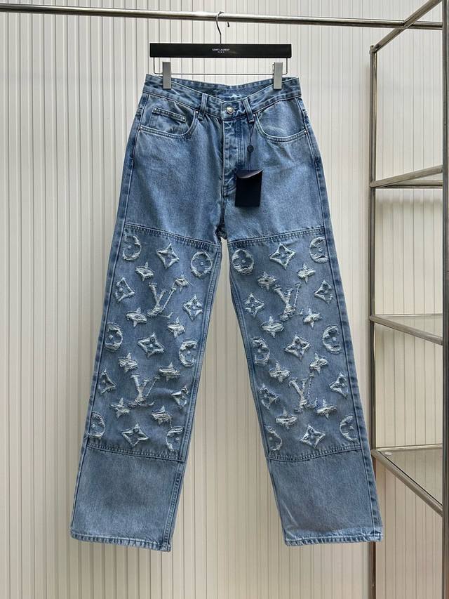 Lv Louis 24Fw old flower laser positioning logo worn denim straight pants Size: