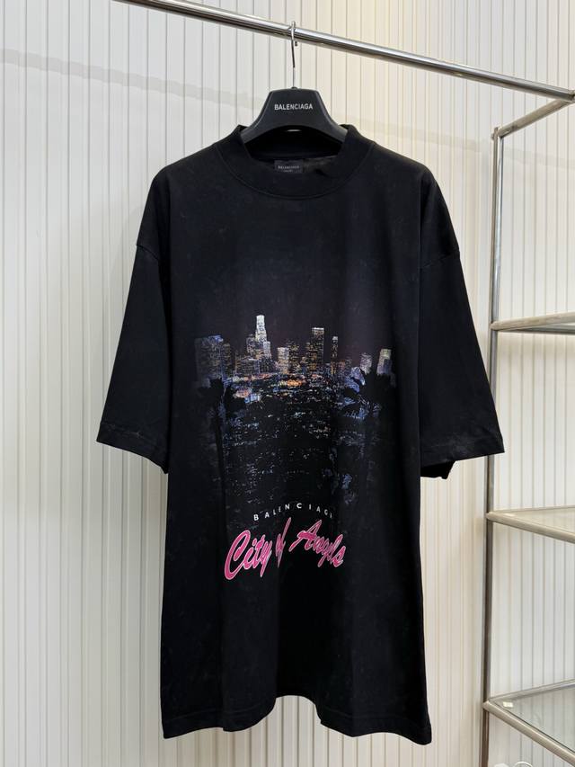 Bal Paris 25Ss Los Angeles night scene hand-painted short-sleeved T-shirt Fabric