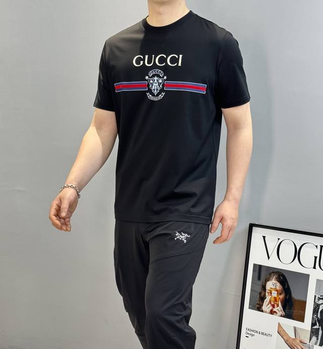 Gucc*25S Spring and Summer Mercerized Cotton Round Neck Short Sleeve. Unisex Sty