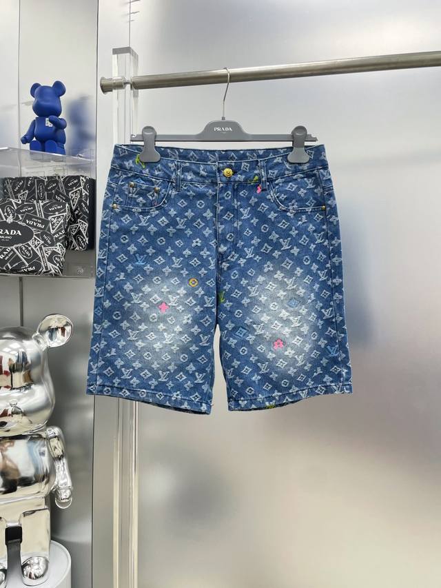 Lv Louis 2025Ss Spring and Summer Full Printed Letters Casual Denim Shorts Rr Ve