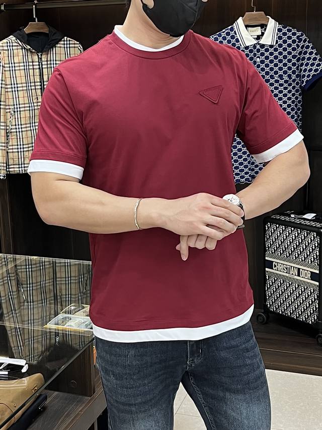 Featured Prada 25Ss new 6-color triangle logo contrast cotton T-shirt This cotto