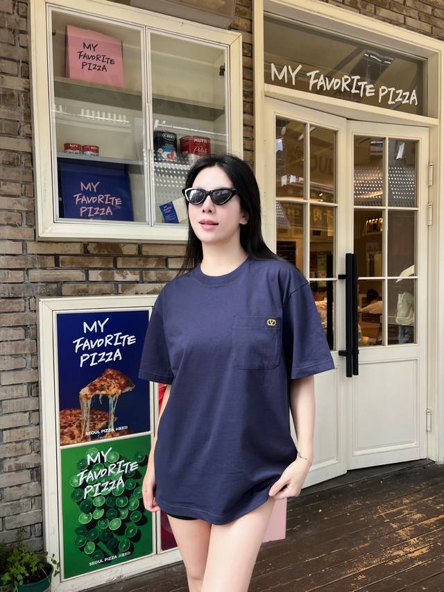 Vltn25Ss Spring and Summer new navy blue knitted cotton round neck short Tee, sa