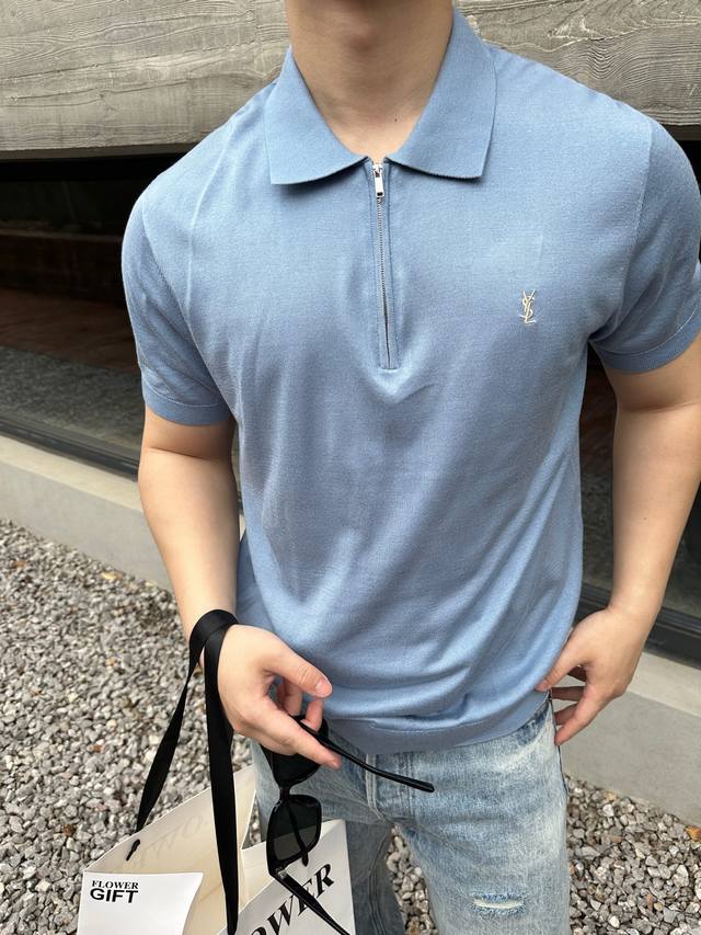 Slss new spring and summer ice blue wool blend knitted lapel short Tee, the same
