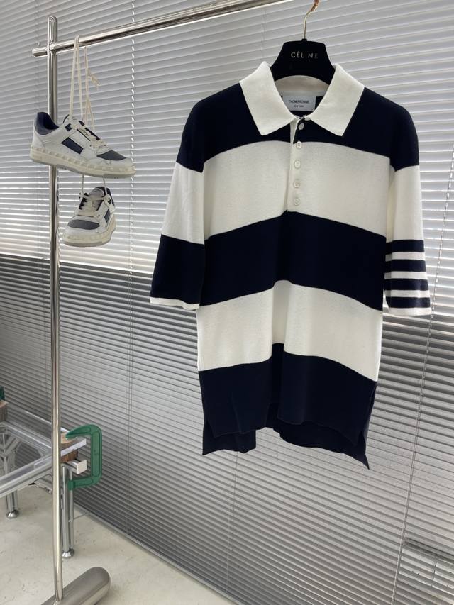 Tb Wide striped knitted cotton short sleeves Old money style four-bar short slee