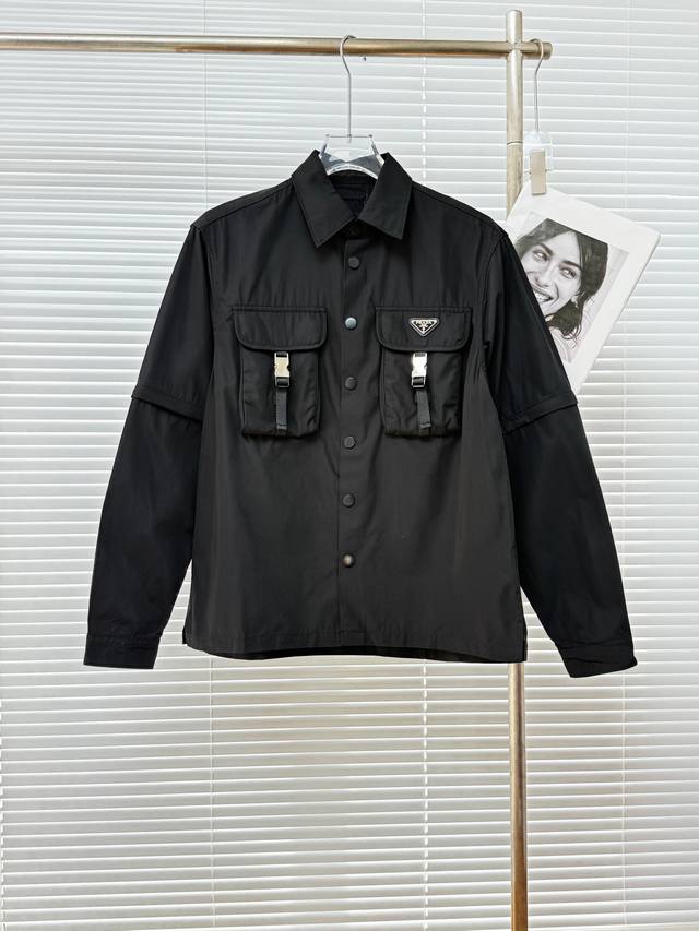 Prad new lapel micro-logo shirt jacket, this jacket is made of recycled nylon fa