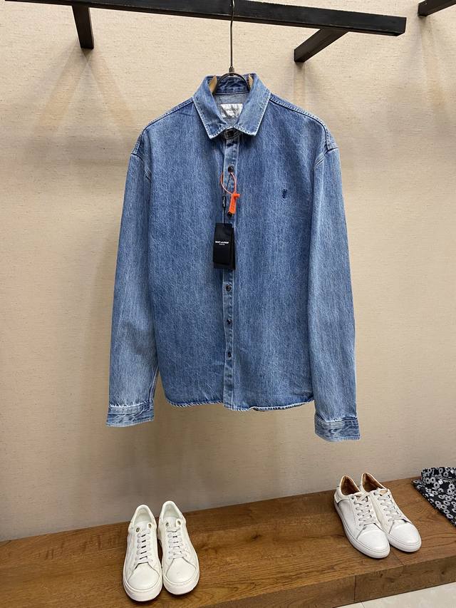 Saintlaurent logo embroidered denim jacket Custom made cotton denim fabric with