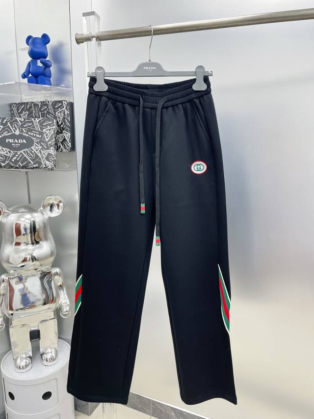 Gu*2025 Spring and Summer New Style Ribbon Splicing Gg Embroidery Casual Pants S