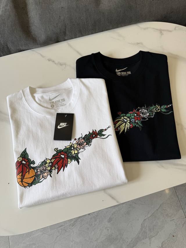 Nike Floral Large Logo Casual Sports Solid Color Round Neck Short Sleeve T-shirt