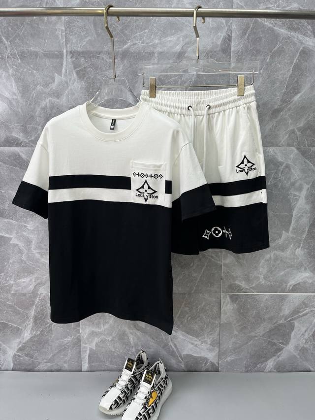 Lv Louis Vuitton 2025Ss round neck short-sleeved shorts suit. The pure cotton fa