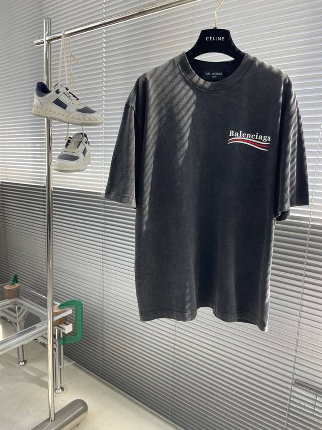Balenciag 25Ss classic cola round neck T-shirt 260g weight, washed and worn, han
