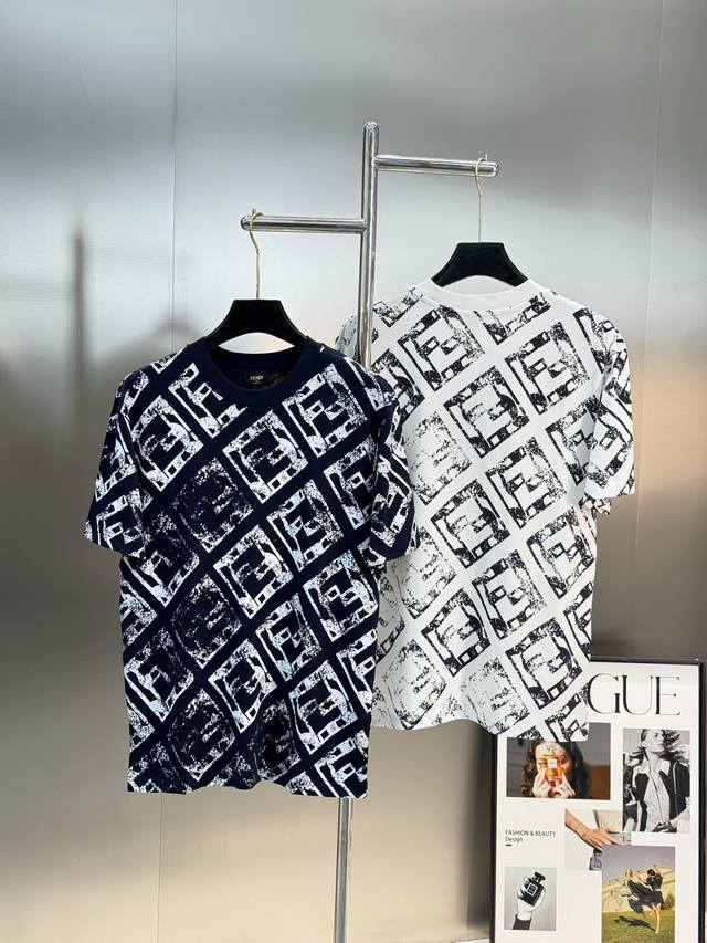 Fend* Fend original jacquard logo double F new T-shirt. 280G custom cotton nylon