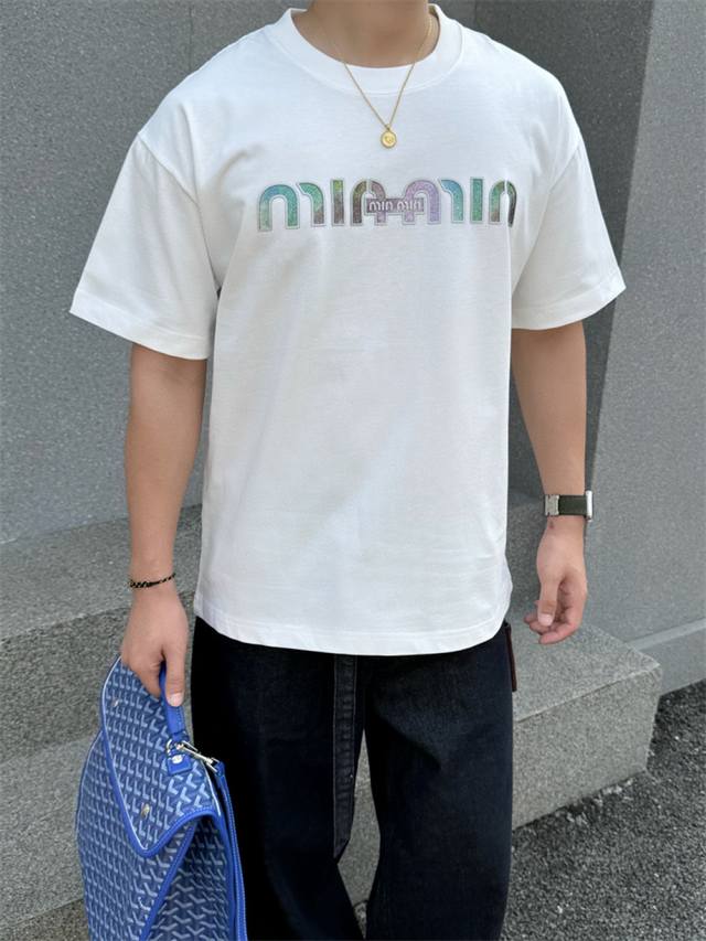 Miu 2025 Spring and Summer New Short Sleeve T-shirt 300g Heavy Cotton 100% Lette