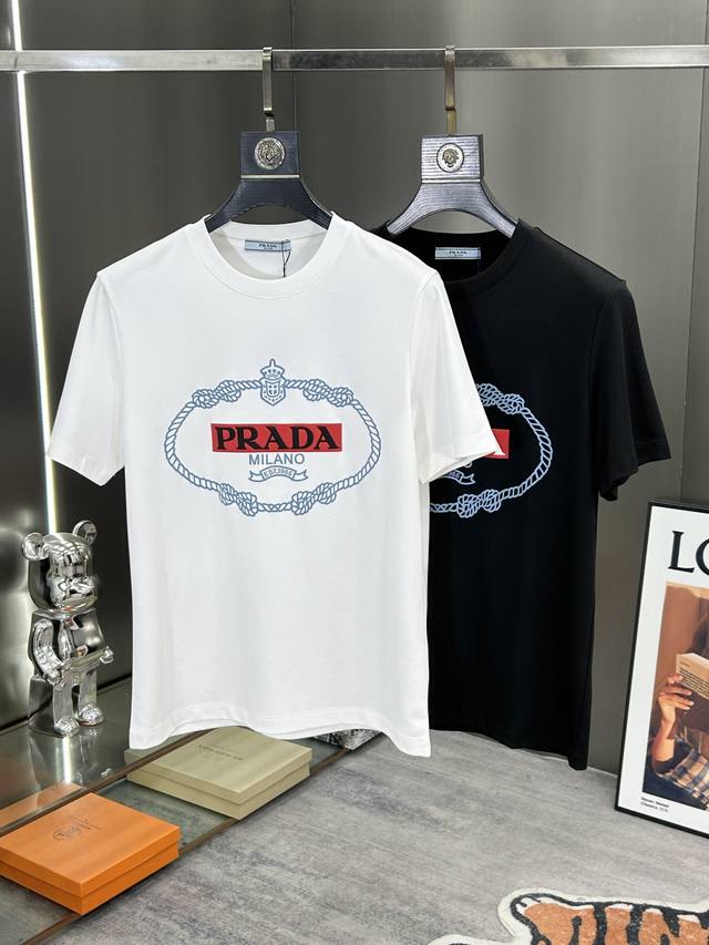 Prada 2025 new men's casual round neck embroidered short-sleeved T-shirt, 300g p