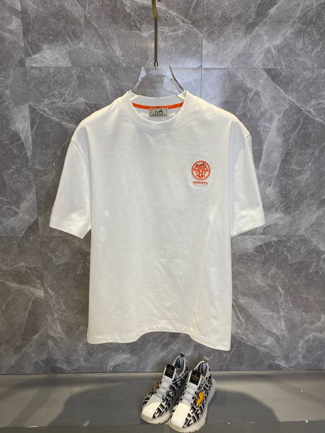 Hermes 2025Ss spring and summer high-quality high-weight Solona pure cotton T-sh