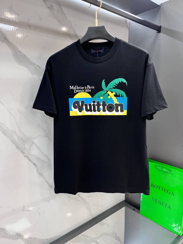Lv 2025 counter hot-selling pure cotton short-sleeves, fabric classic logo patte