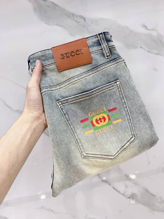 Gucci 2025Ss early spring new thin heavy casual jeans, imported high-quality was