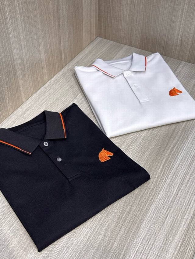 Hermes 2025 Spring and Summer Latest Horse Head Embroidered Men's Lapel T-shirt,