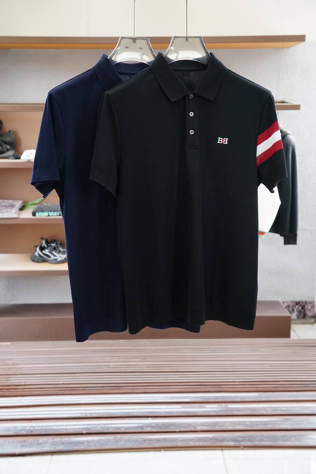 Bally-25Ss Spring and Summer Top Mesh Cotton Lapel Short Tee, Chest Pocket Logo