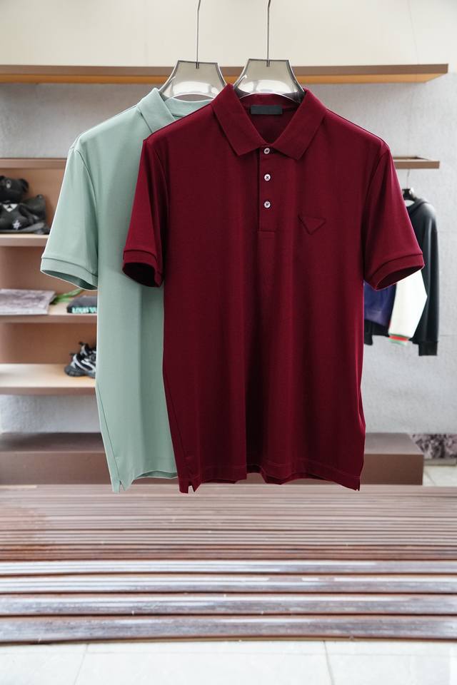 Prada-25Ss Spring and Summer Top Mesh Cotton Lapel Short Tee, Chest Pocket Logo