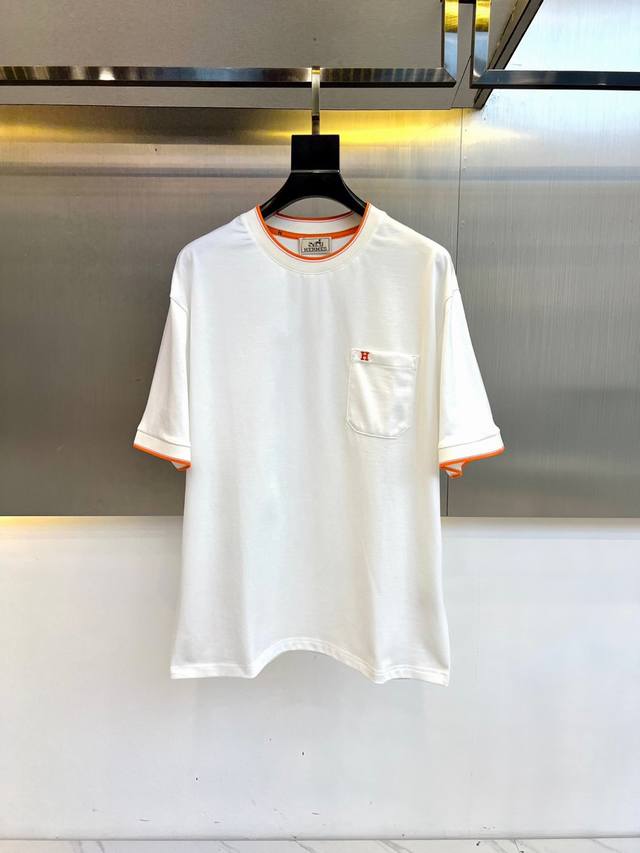 H Hermes, 2025S new fashion trend casual pocket short-sleeved T-shirt, made of i