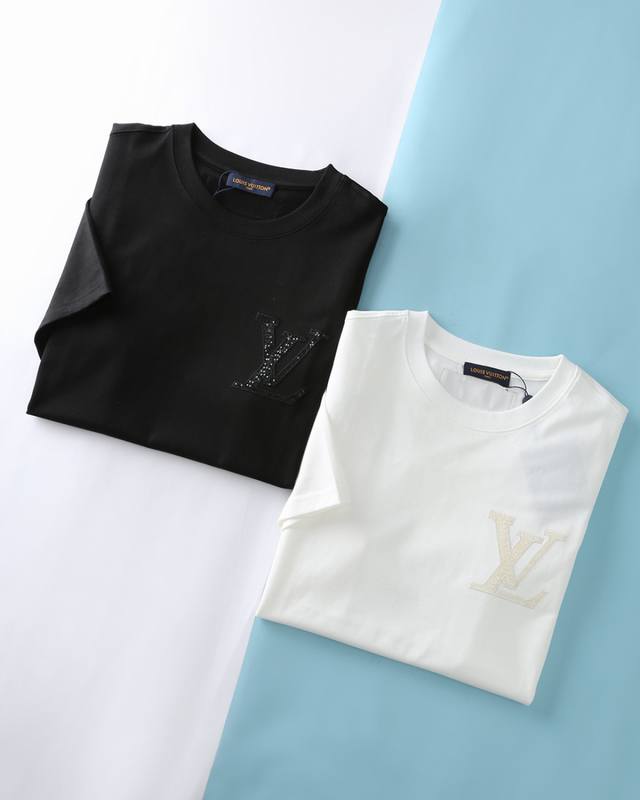 Lou V 25Ss summer new plain cotton round neck short Tee, men's fashionable sequi