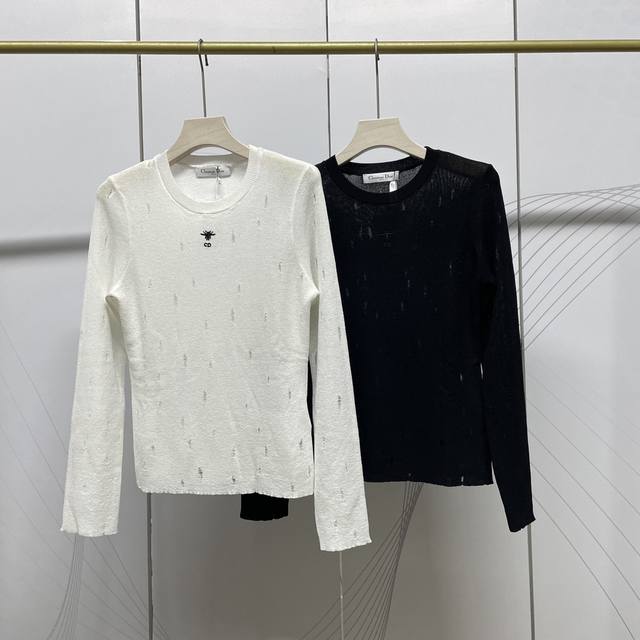 Dior new embroidered hollow thin long-sleeved knitted top 2 colors 3 sizes Sml s