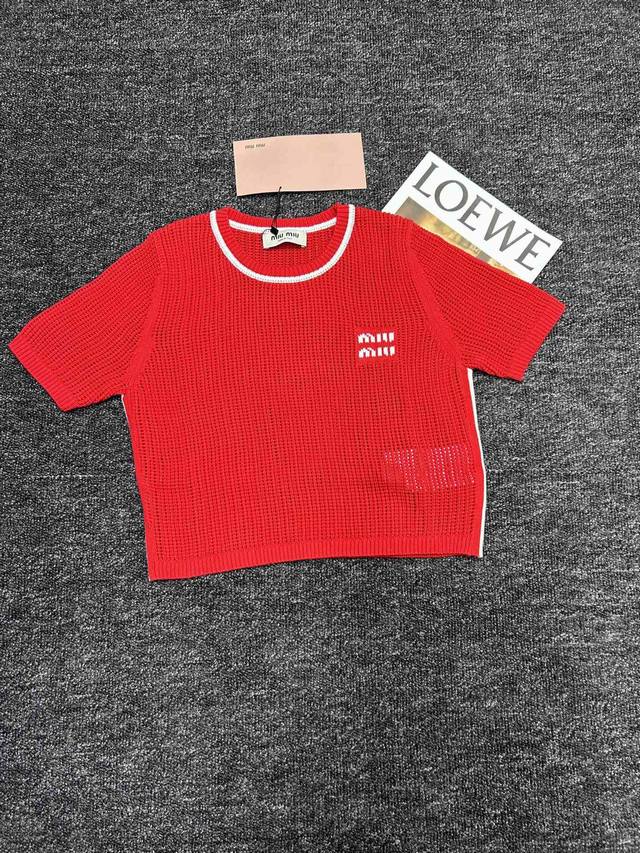 Miumiu new women's clothing, mesh hollow design, contrast color knitted short sl