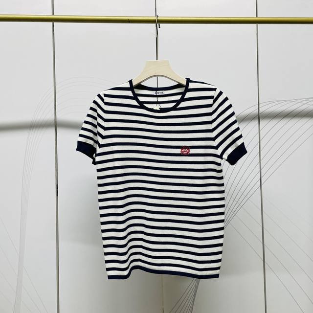 Loewe new contrast striped embroidered logo round neck short sleeve T-shirt Sml