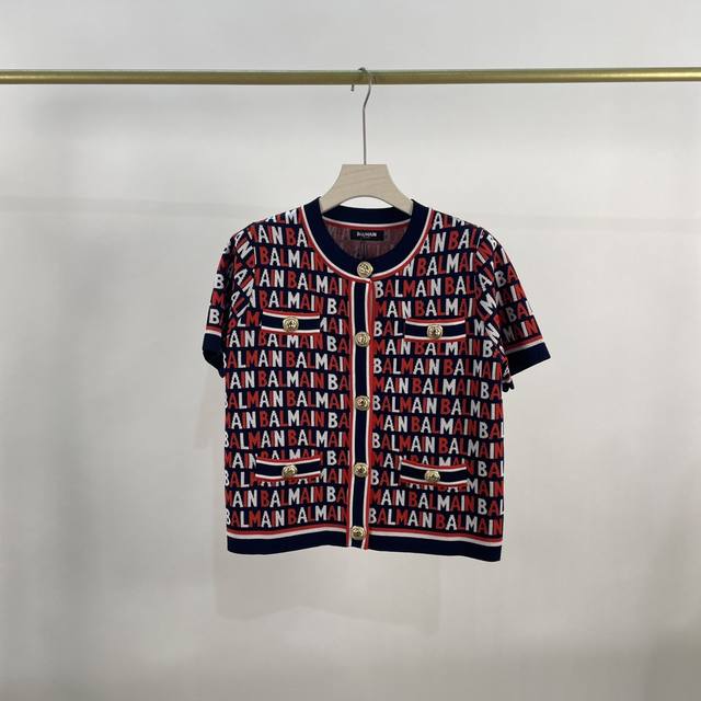 Balmain new full body letter logo jacquard dark blue cotton blend short-sleeved