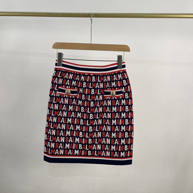 Balmain new full body letter logo jacquard dark blue cotton blended hip skirt Sm
