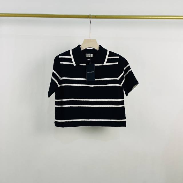 Ysl Saint Laurent embroidered logo striped Polo collar short knit top Sml spot s