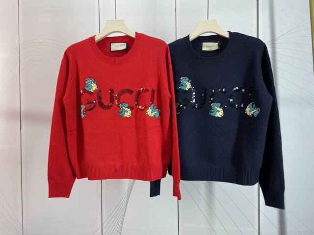 Gucci&Gucci new dinosaur pattern heavy beaded embroidered letter wool sweater Sm