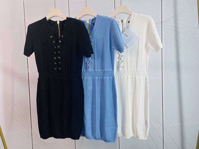 Balmain V-neck cross string slim short-sleeved knitted dress 3 colors and 3 size