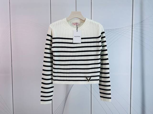 Valentino new black and white striped color matching gold V logo round neck long