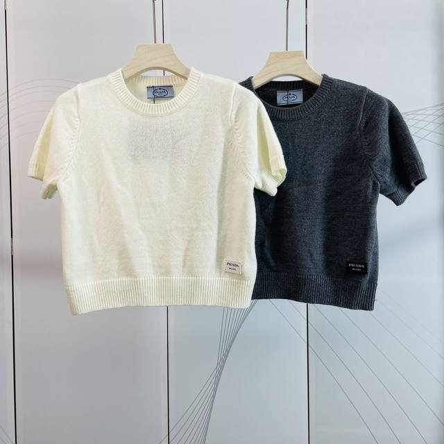 Prada new leather logo cashmere short-sleeved top 2 colors 3 sizes Sml ready to