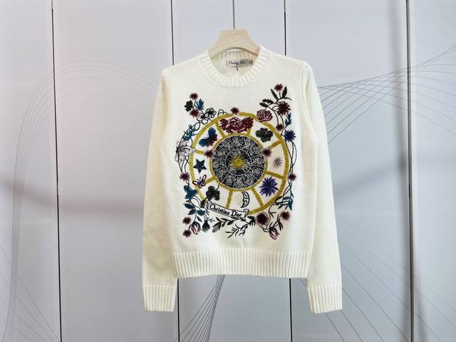 Dior&Dior new heavy embroidery floral five-pointed star pattern pullover sweater