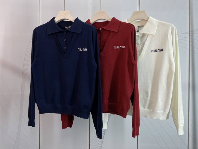 Miumiu new lapel fake 2 pieces long sleeve knitted bottoming shirt 3 colors 3 co