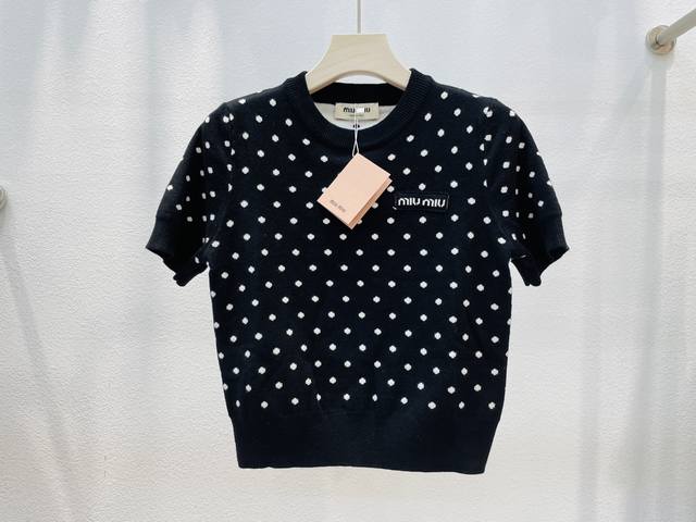 Miumiu new letter logo fashion polka dot jacquard round neck knitted short-sleev