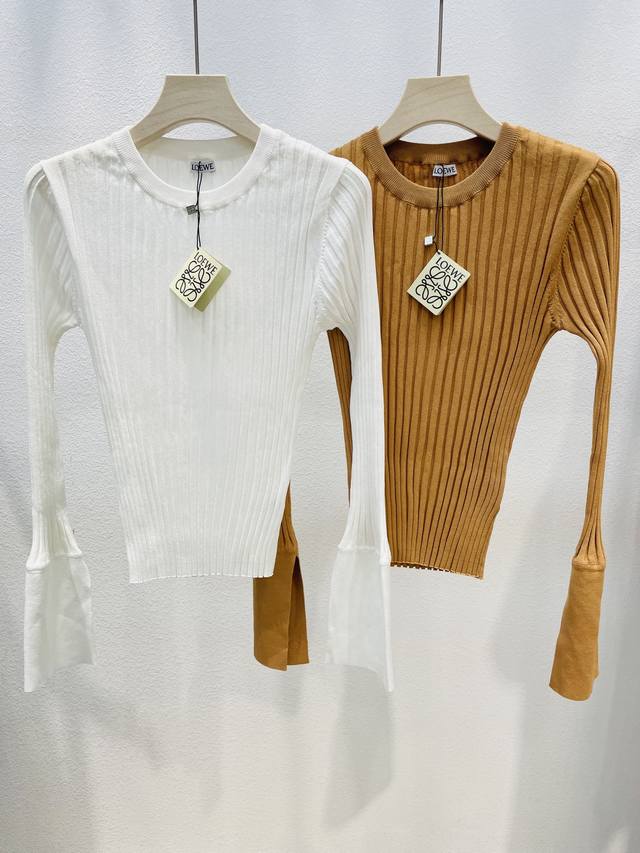 New Loewe ribbed lightweight viscose knit long-sleeved top. Short, slim fit with