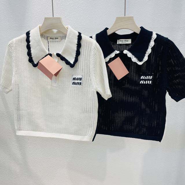 Miumiu new blue and white color matching doll collar short-sleeved knitted top 2
