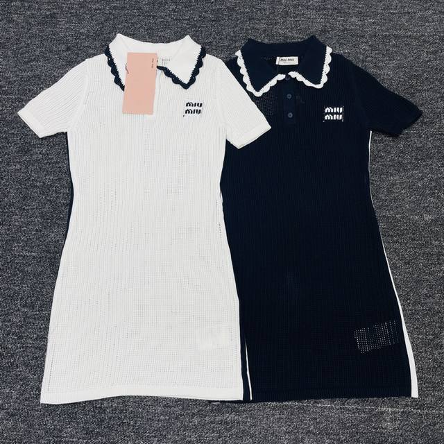 Miumiu new blue and white color matching doll collar short-sleeved knitted dress