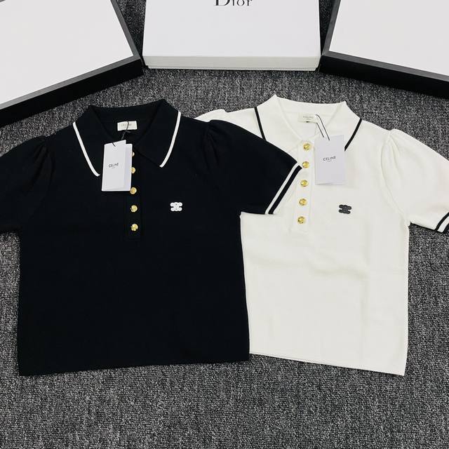 Celine new black and white color matching Polo collar short-sleeved sweater Sml