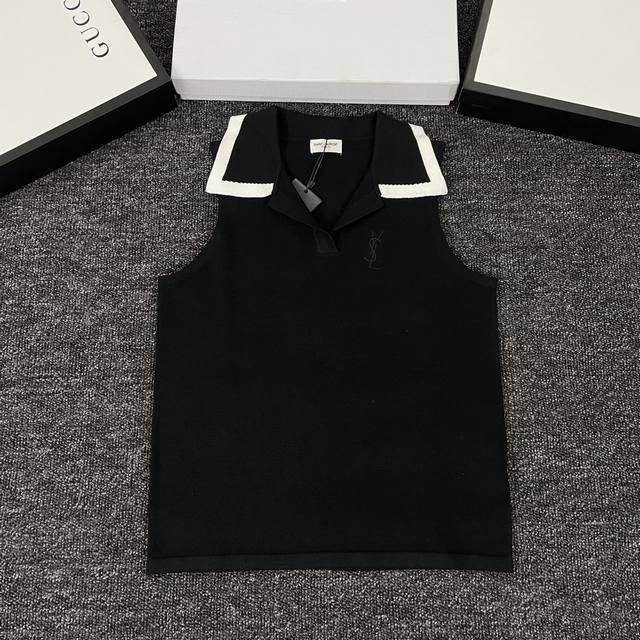 Ysl & Saint Laurent new embroidered letter lapel sleeveless knitted vest Sml spo