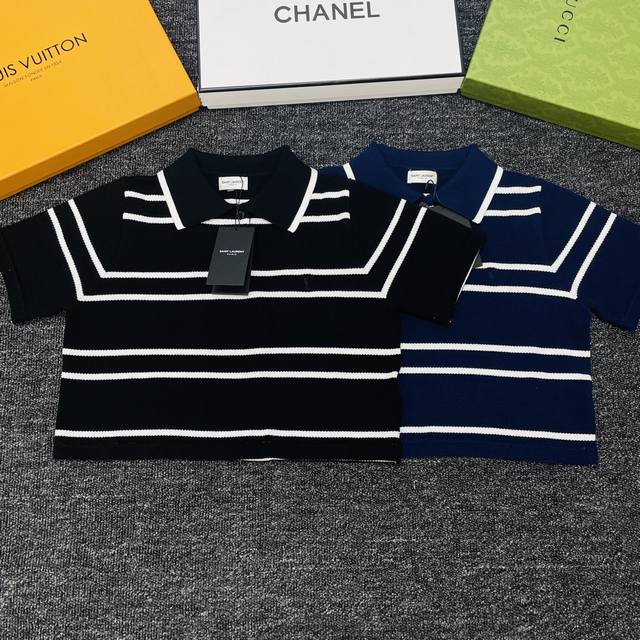 Ysl Saint Laurent embroidered logo striped Polo collar short knit top 2 colors 3