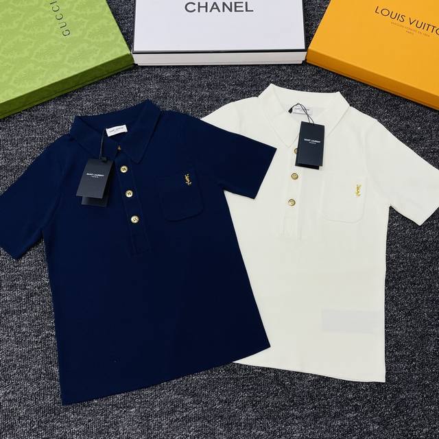 Ysl & Saint Laurent new metal logo pocket lapel short-sleeved top 2 colors and t