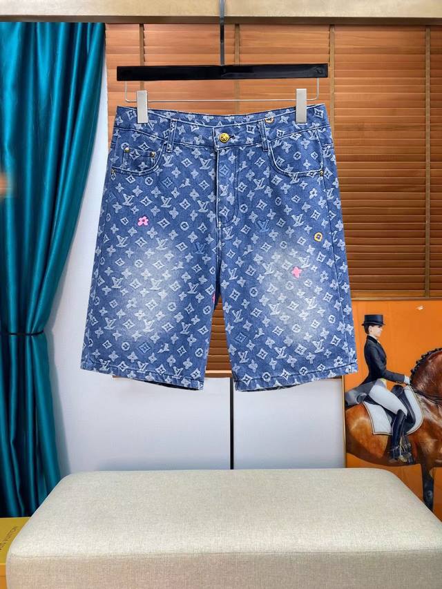 Lv 2025 new summer men's denim shorts, heavy craftsmanship, advanced custom fabr